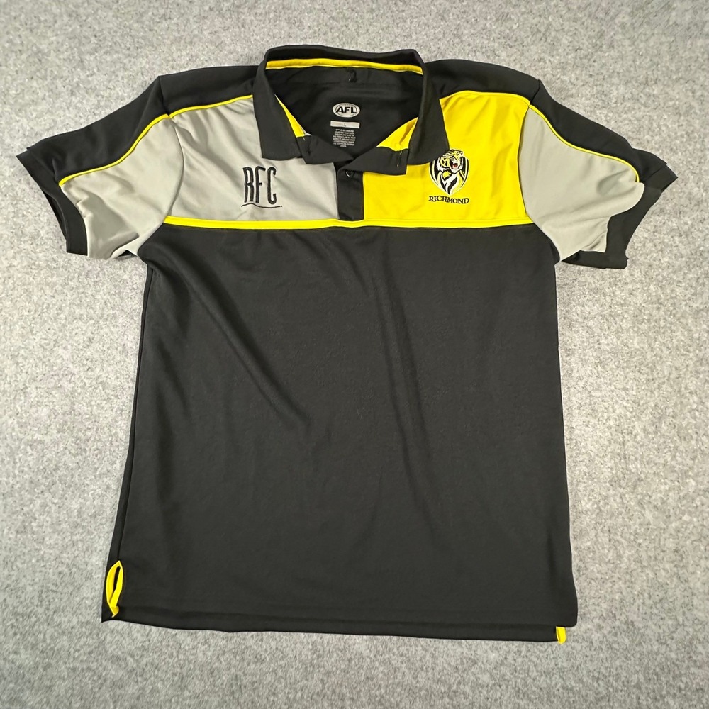 AFL Richmond Tigers Polo Shirt Mens Large Black Yellow Grey RFC Sportswear